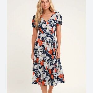 Lulus Pretty Poppies Navy Blue Floral Print Sheer Midi Dress EUC Size - S